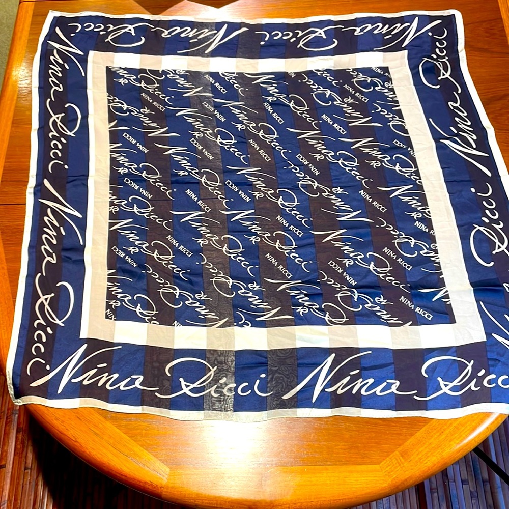 Nina Ricci silk blue scarf logo